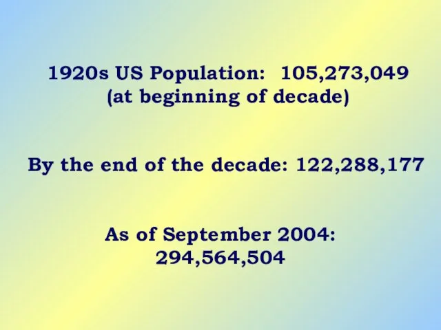 1920s US Population: 105,273,049 (at beginning of decade) As of September 2004: