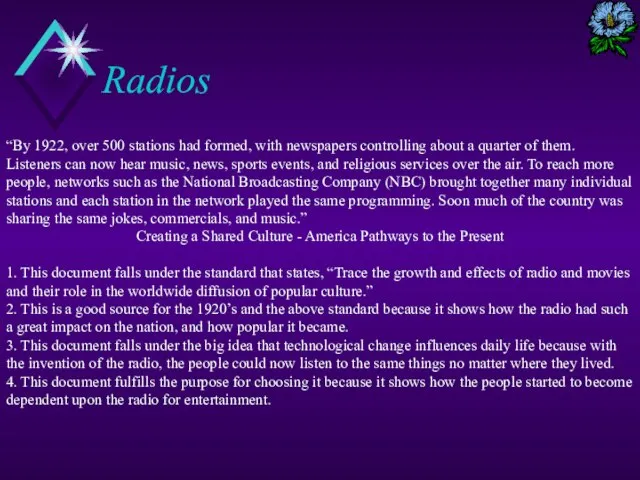 Radios “By 1922, over 500 stations had formed, with newspapers controlling about