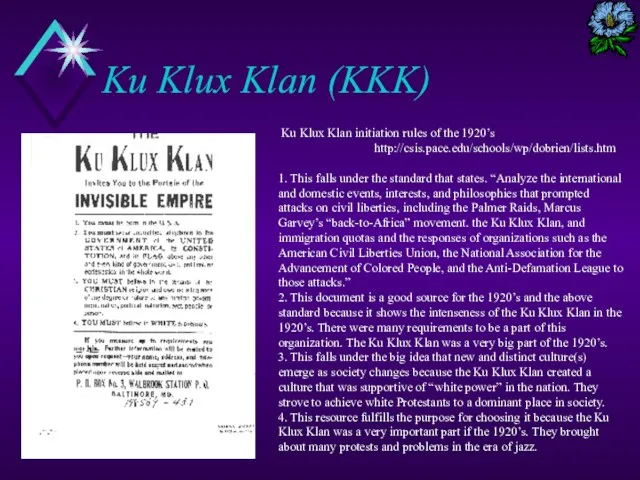 Ku Klux Klan (KKK) Ku Klux Klan initiation rules of the 1920’s