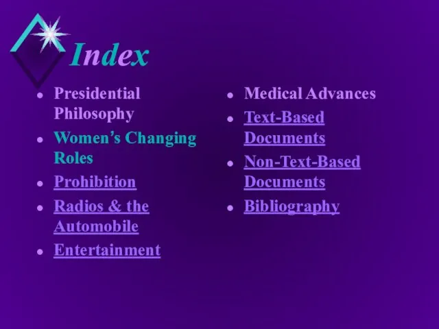 Index Presidential Philosophy Women’s Changing Roles Prohibition Radios & the Automobile Entertainment
