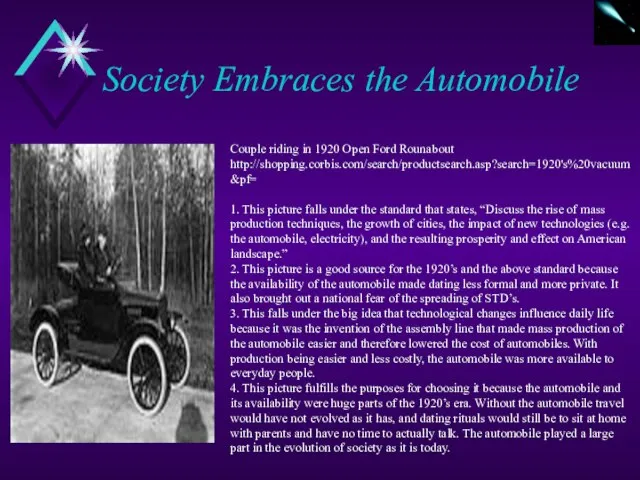 Society Embraces the Automobile Couple riding in 1920 Open Ford Rounabout http://shopping.corbis.com/search/productsearch.asp?search=1920's%20vacuum&pf=