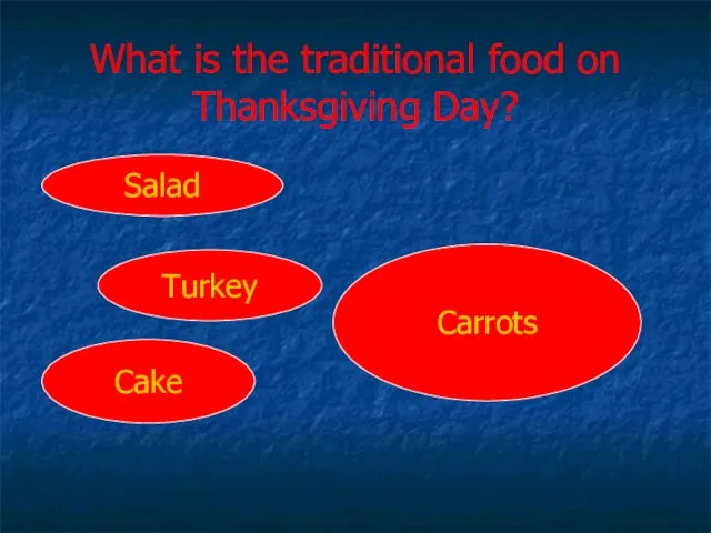 What is the traditional food on Thanksgiving Day? Salad Turkey Cake Carrots