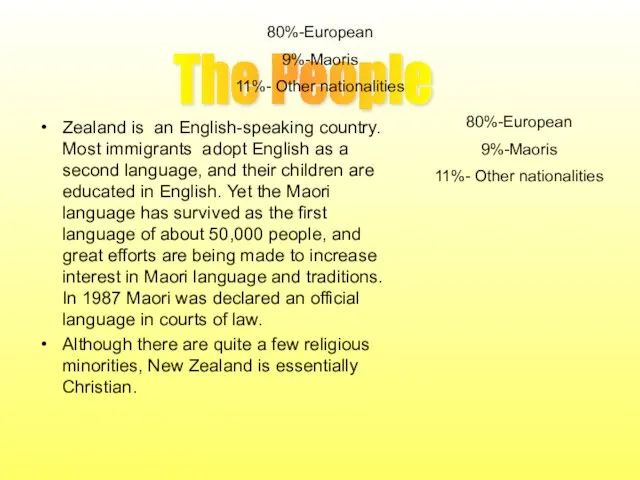 The People 80%-European 9%-Maoris 11%- Other nationalities 80%-European 9%-Maoris 11%- Other nationalities