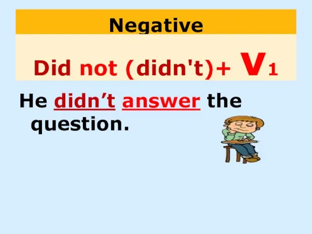 Negative Did not (didn't)+ v1 He didn’t answer the question.