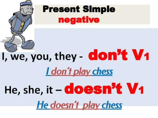 Present Simple negative I, we, you, they - don’t V1 I don’t