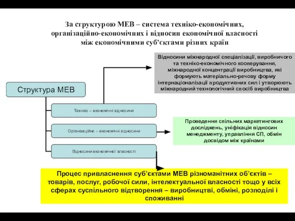 За структурою МЕВ – система техніко-економічних, організаційно-економічних і відносин економічної власності між