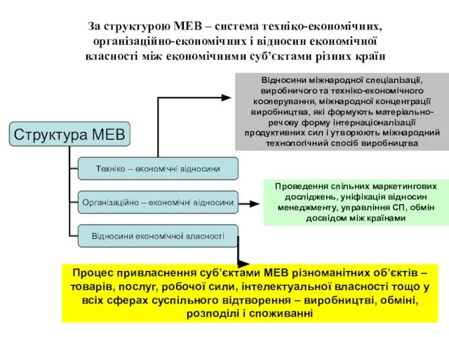 За структурою МЕВ – система техніко-економічних, організаційно-економічних і відносин економічної власності між