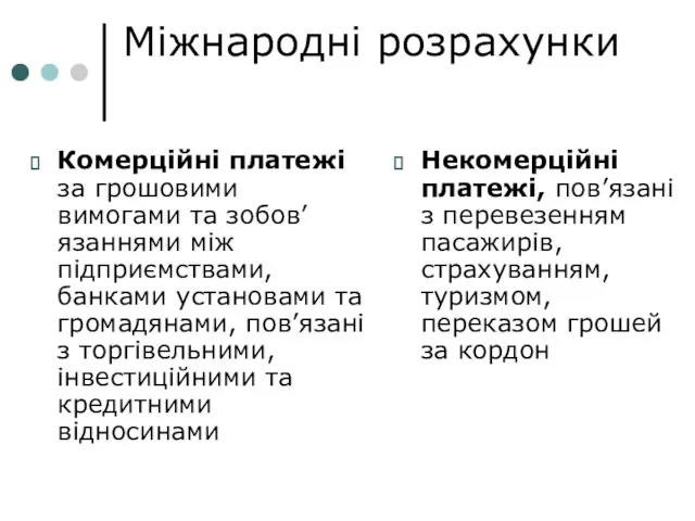 Міжнародні розрахунки Комерційні платежі за грошовими вимогами та зобов’язаннями між підприємствами, банками