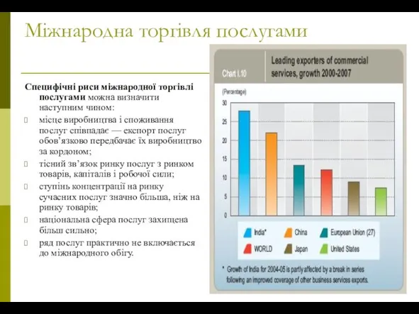 Міжнародна торгівля послугами Специфічні риси міжнародної торгівлі послугами можна визначити наступним чином: