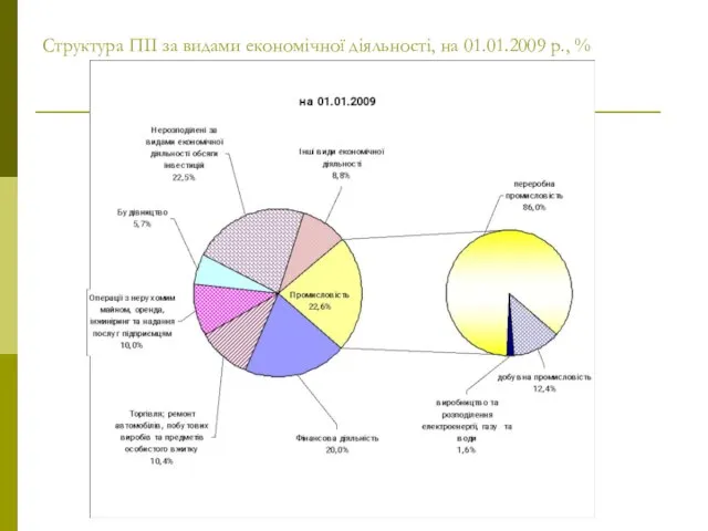 Структура ПІІ за видами економічної діяльності, на 01.01.2009 р., %