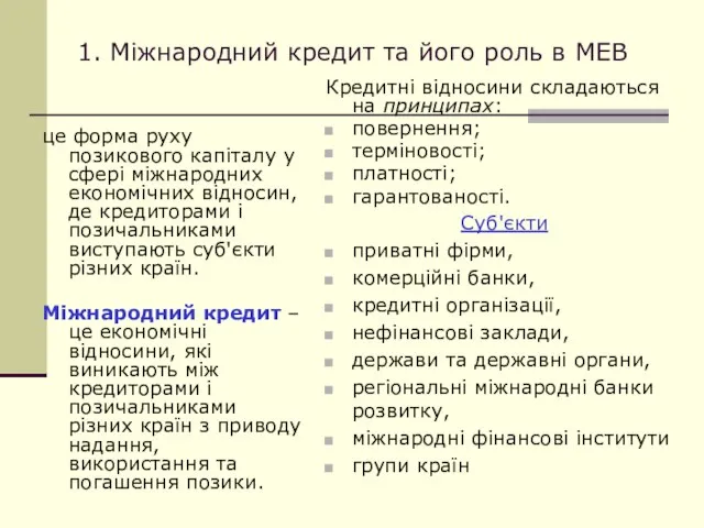 1. Міжнародний кредит та його роль в МЕВ це форма руху позикового