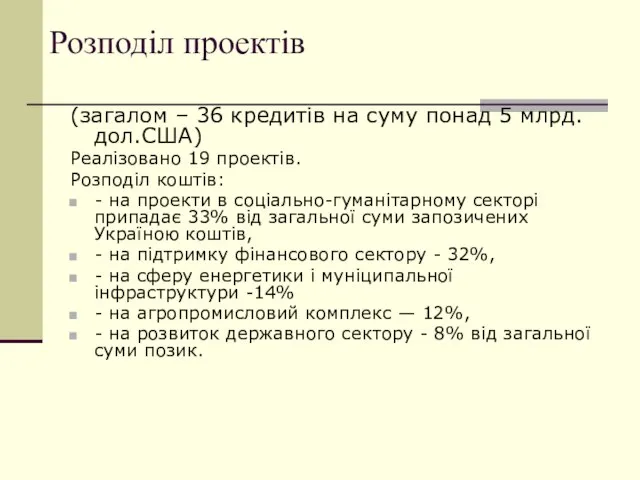 Розподіл проектів (загалом – 36 кредитів на суму понад 5 млрд.дол.США) Реалізовано