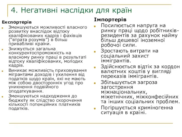 4. Негативні наслідки для країн Експортерів Зменшуються можливості власного розвитку внаслідок відтоку