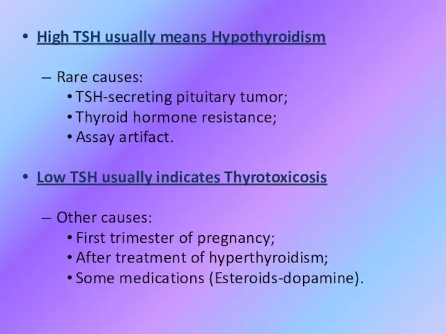 High TSH usually means Hypothyroidism Rare causes: TSH-secreting pituitary tumor; Thyroid hormone
