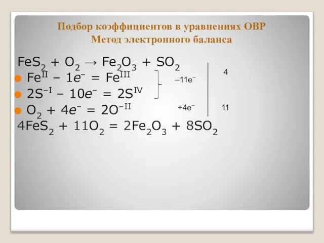 Подбор коэффициентов в уравнениях ОВР Метод электронного баланса FeS2 + O2 →