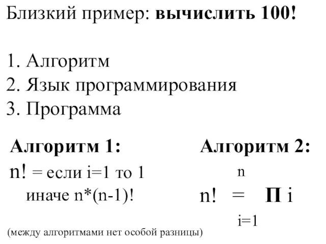 Близкий пример: вычислить 100! 1. Алгоритм 2. Язык программирования 3. Программа Алгоритм