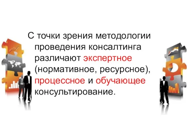 С точки зрения методологии проведения консалтинга различают экспертное (нормативное, ресурсное), процессное и обучающее консультирование.