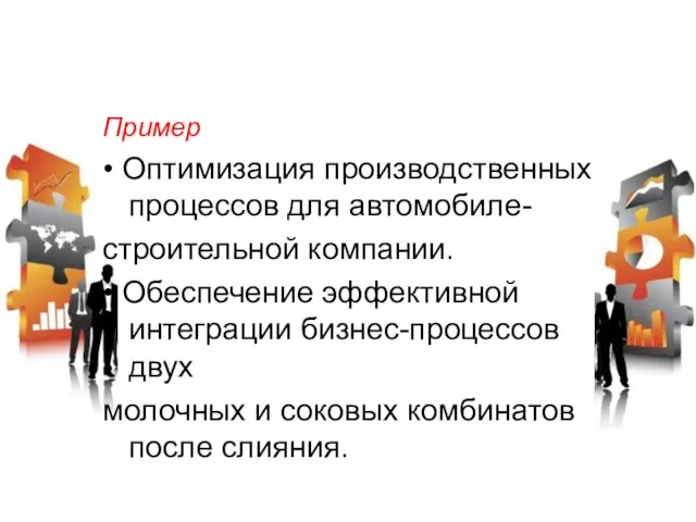 Пример • Оптимизация производственных процессов для автомобиле- строительной компании. • Обеспечение эффективной