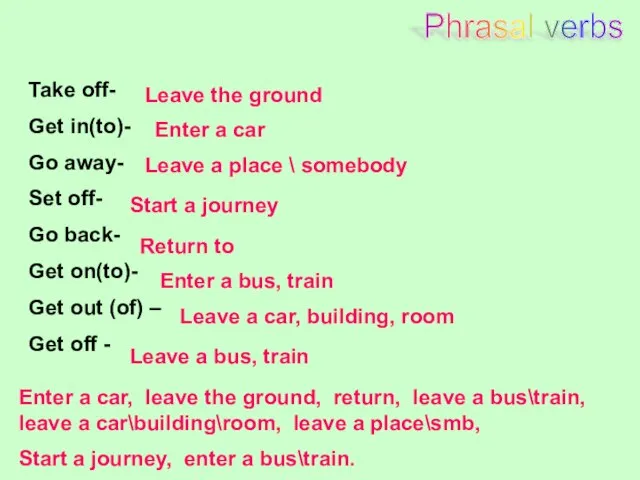 Phrasal verbs Take off- Get in(to)- Go away- Set off- Go back-