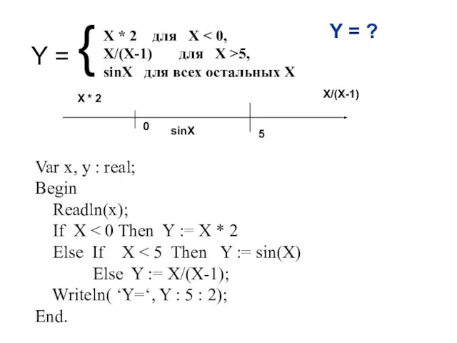 Y = { X * 2 для X X/(X-1) для Х >5,