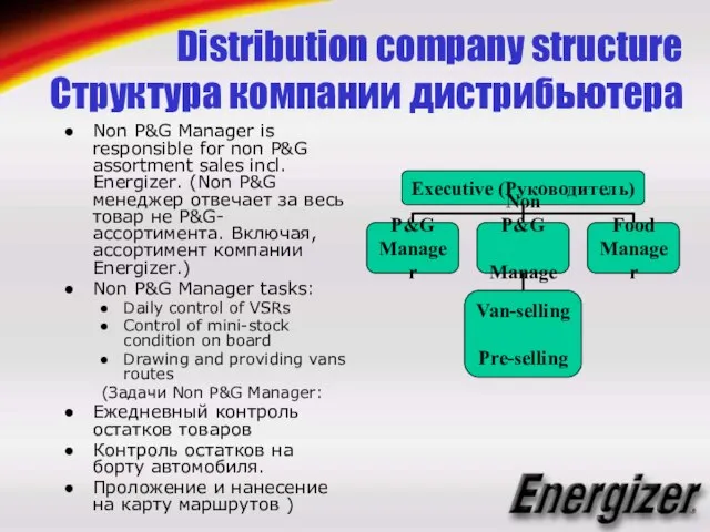Distribution company structure Структура компании дистрибьютера Non P&G Manager is responsible for