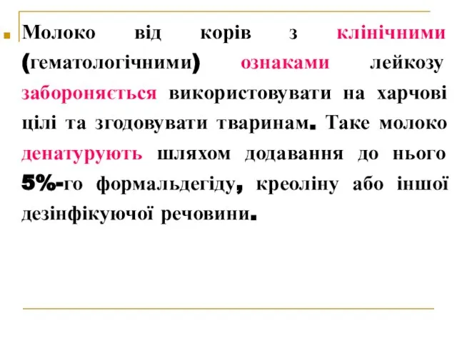 Молоко від корів з клінічними (гематологічними) ознаками лейкозу забороняється використовувати на харчові