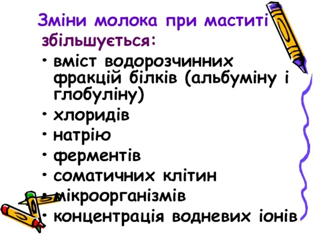 Зміни молока при маститі збільшується: вміст водорозчинних фракцій білків (альбуміну і глобуліну)