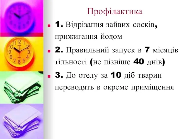 Профілактика 1. Відрізання зайвих сосків, прижигання йодом 2. Правильний запуск в 7