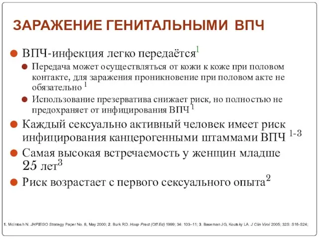 ЗАРАЖЕНИЕ ГЕНИТАЛЬНЫМИ ВПЧ ВПЧ-инфекция легко передаётся1 Передача может осуществляться от кожи к