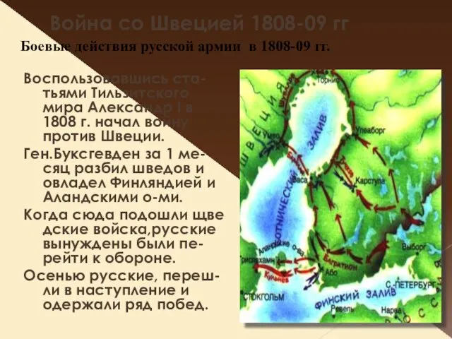 Война со Швецией 1808-09 гг Воспользовавшись ста-тьями Тильзитского мира Александр I в