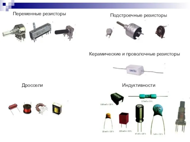 Керамические и проволочные резисторы Переменные резисторы Подстроечные резисторы Дроссели Индуктивности