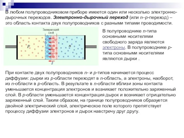 В любом полупроводниковом приборе имеется один или несколько электронно-дырочных переходов. Электронно-дырочный переход