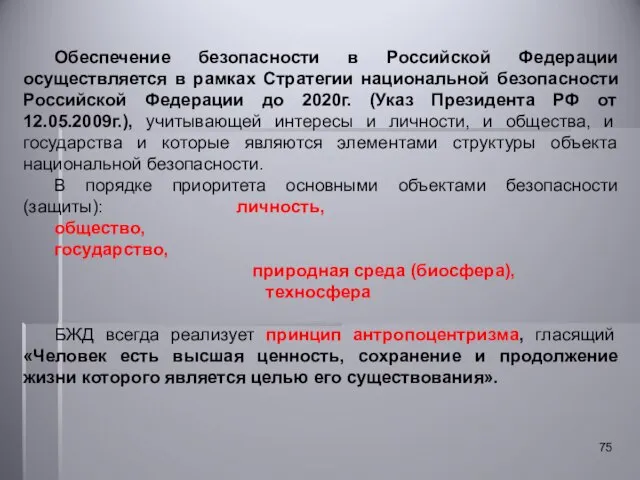 Обеспечение безопасности в Российской Федерации осуществляется в рамках Стратегии национальной безопасности Российской