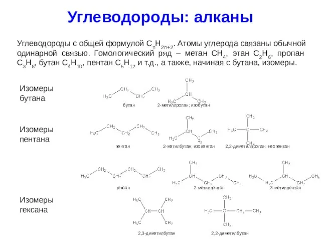 Углеводороды: алканы Углеводороды с общей формулой CnH2n+2. Атомы углерода связаны обычной одинарной