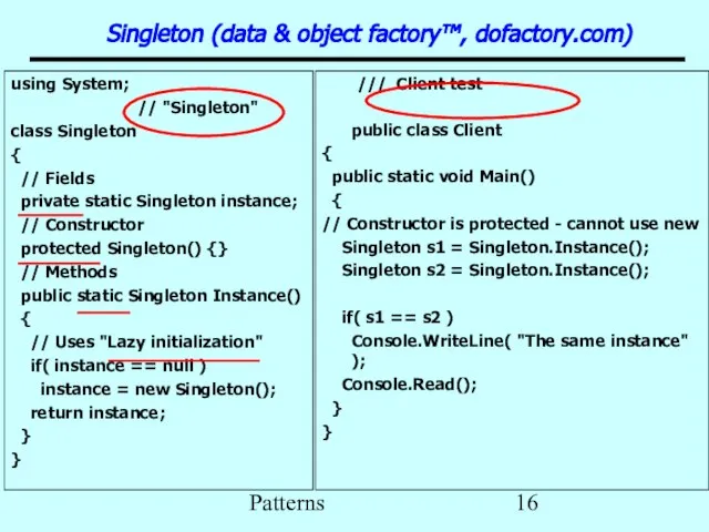 Patterns using System; // "Singleton" class Singleton { // Fields private static