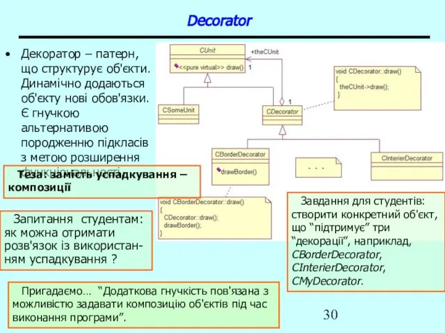 Patterns Decorator Декоратор – патерн, що структурує об'єкти. Динамічно додаються об'єкту нові