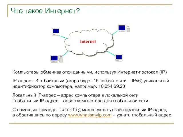 Что такое Интернет? Компьютеры обмениваются данными, используя Интернет-протокол (IP) IP-адрес – 4-х-байтовый