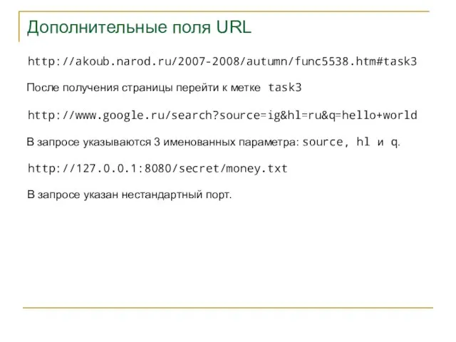 Дополнительные поля URL http://akoub.narod.ru/2007-2008/autumn/func5538.htm#task3 После получения страницы перейти к метке task3 http://www.google.ru/search?source=ig&hl=ru&q=hello+world