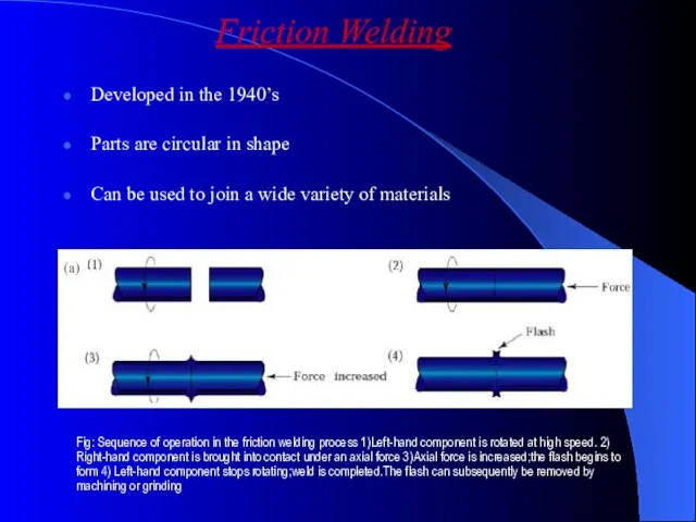 Friction Welding Developed in the 1940’s Parts are circular in shape Can