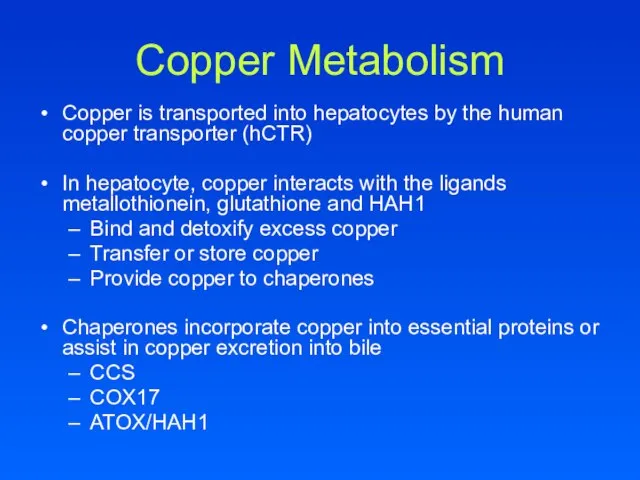 Copper Metabolism Copper is transported into hepatocytes by the human copper transporter