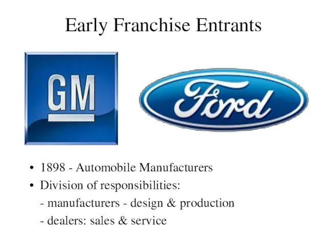 Early Franchise Entrants 1898 - Automobile Manufacturers Division of responsibilities: - manufacturers