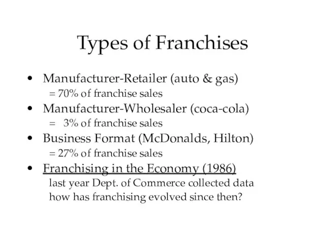 Types of Franchises Manufacturer-Retailer (auto & gas) = 70% of franchise sales