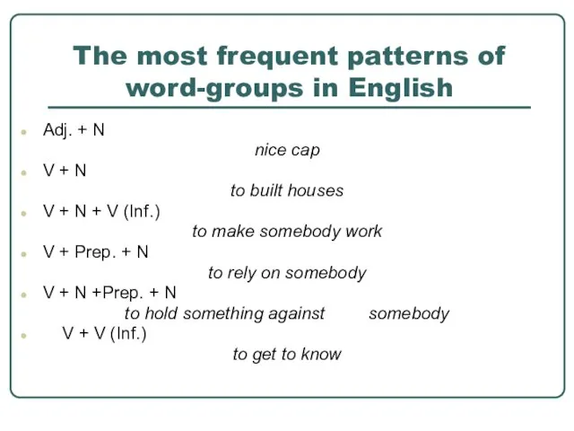 The most frequent patterns of word-groups in English Adj. + N nice