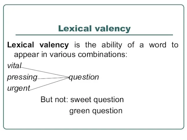 Lexical valency Lexical valency is the ability of a word to appear