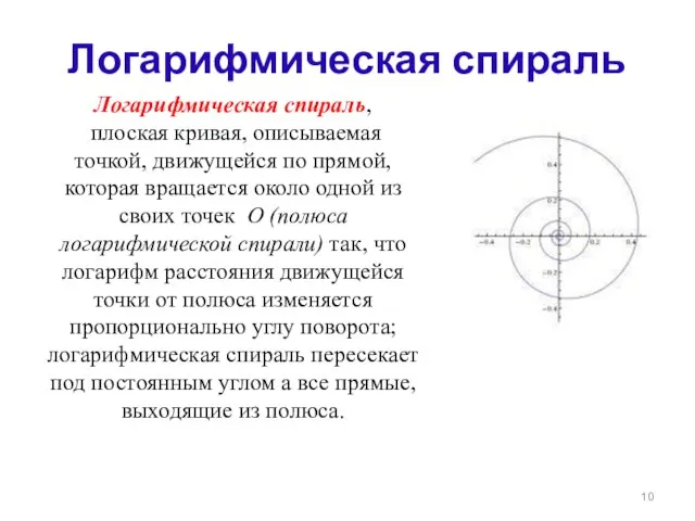 Логарифмическая спираль Логарифмическая спираль, плоская кривая, описываемая точкой, движущейся по прямой, которая
