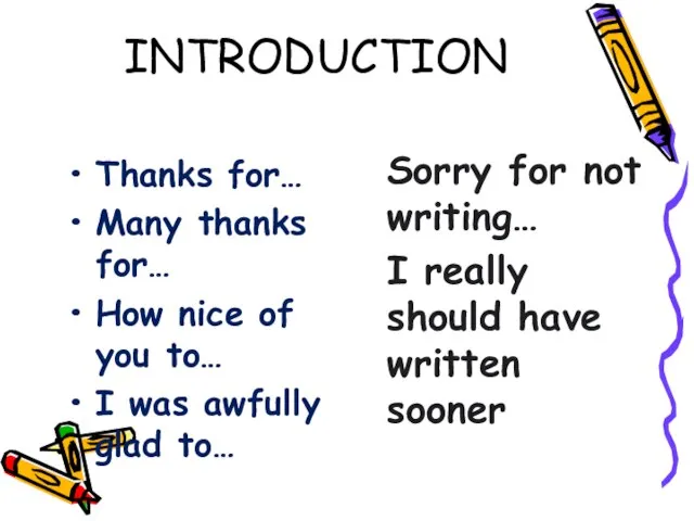 INTRODUCTION Thanks for… Many thanks for… How nice of you to… I