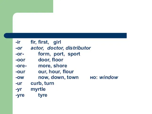 -ir fir, first, girl -or actor, doctor, distributor -or- form, port, sport