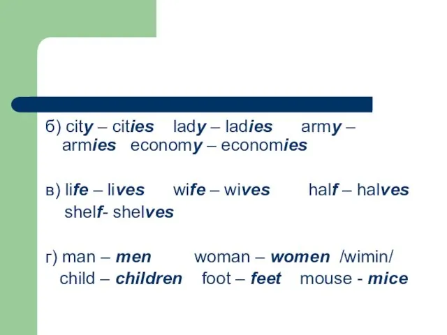 б) city – cities lady – ladies army – armies economy –