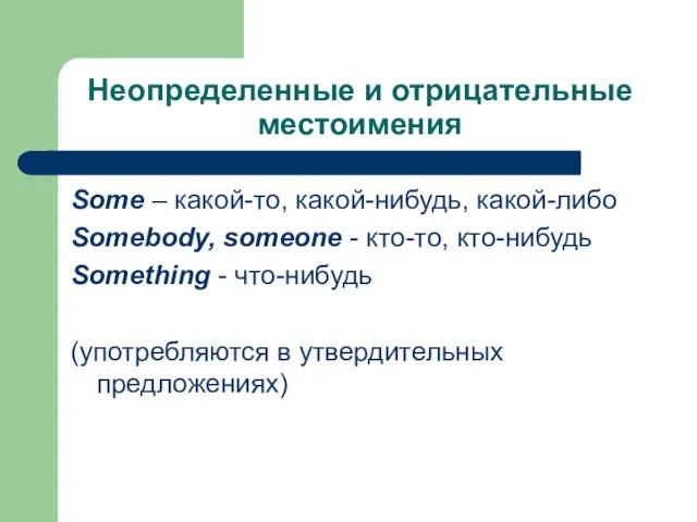 Неопределенные и отрицательные местоимения Some – какой-то, какой-нибудь, какой-либо Somebody, someone -