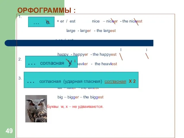ОРФОГРАММЫ : 1. + er / est nice – niceer - the